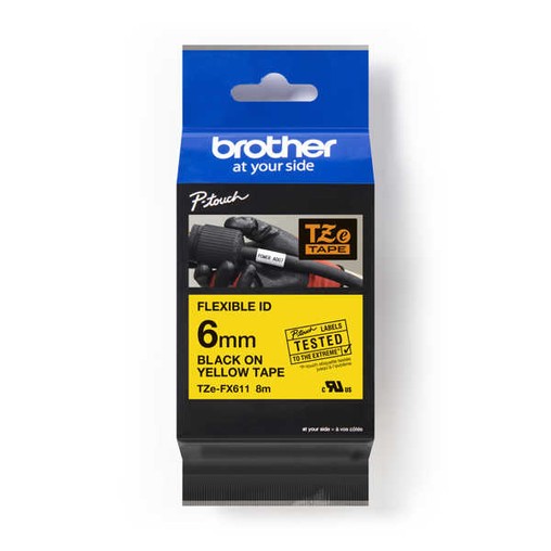 Taśma Brother TZE-FX611 żółta/czarny druk, 6 mm, elastyczna